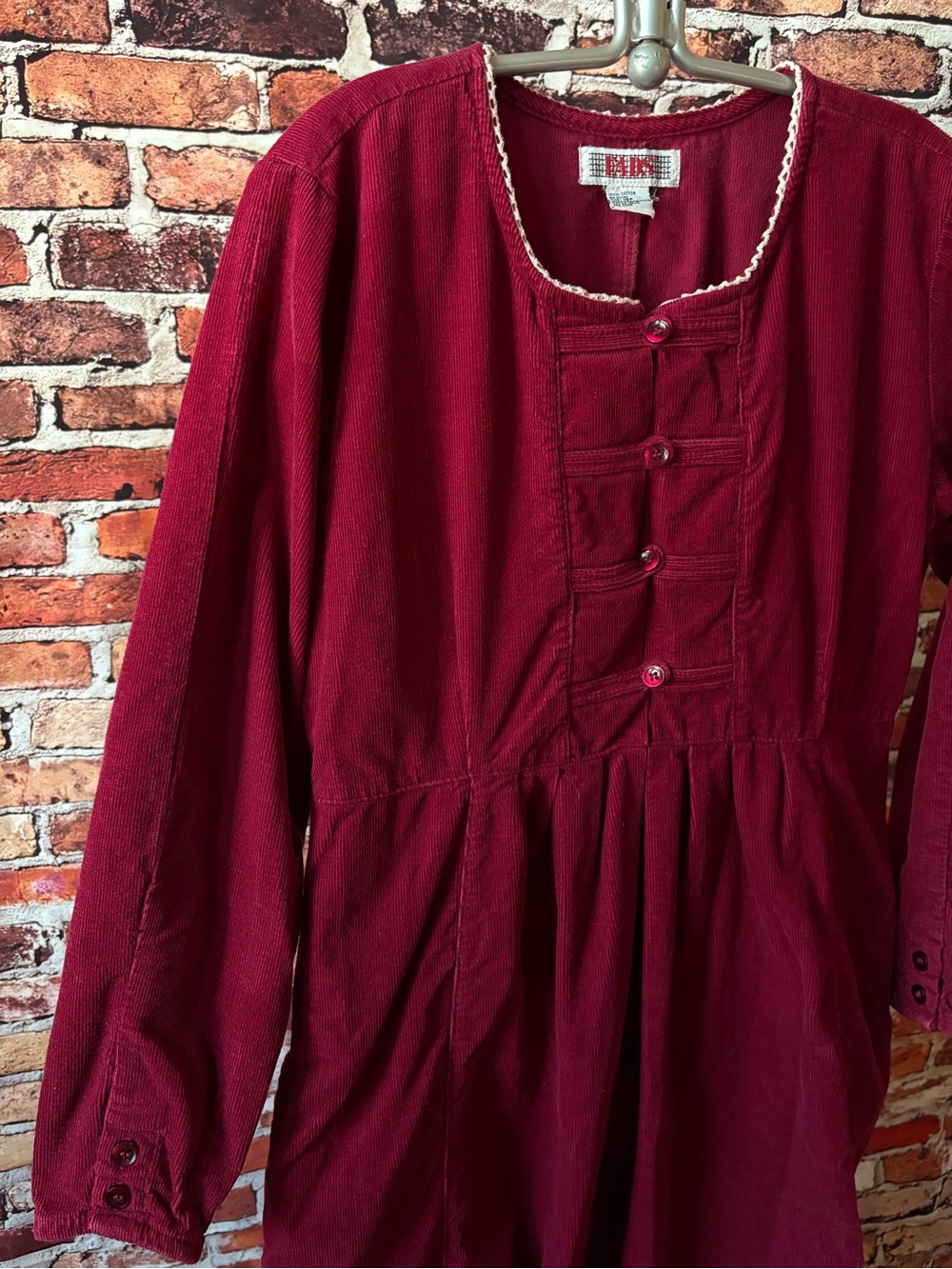 Vintage FADS Midi Cranberry RedCorduroy Prairie Cottagecore 3/4 Sleeve Dress 10